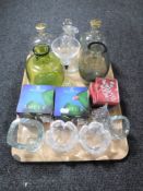 A tray of hand painted decanters, boxed Royal Copenhagen lotus bowls, tea light holders,