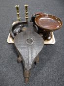 A tray of bellows, brass candlesticks, wooden comport,
