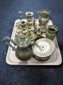 A tray of brass ware, candlesticks, coffee pot,