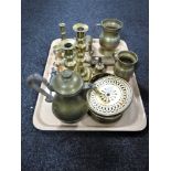 A tray of brass ware, candlesticks, coffee pot,