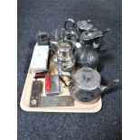 A tray of assorted plated wares, cocktail shaker, tankards, cased darts,