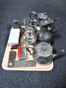 A tray of assorted plated wares, cocktail shaker, tankards, cased darts,