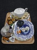 A tray of antique china dolly top, lustre trio, Wedgwood trinket box, cottage ware cruet set,