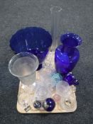 A tray of Victorian and later glass ware : etched jug, decanter, paperweights,