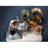 A tray of copper ware, kettle on stand, Moscow mule mug, miniature oil lamp,