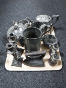 A tray of three piece Civic pewter tea service, plated teapot, flat iron, field glasses,