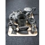 A tray of three piece Civic pewter tea service, plated teapot, flat iron, field glasses,