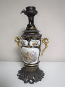 A Victorian brass and china oil lamp a/f