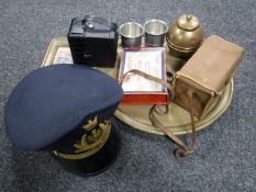 A tray of Navy hat, brass tray, British Empire exhibition caddy,