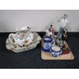 A Doulton Burslem toilet jug and basin, tray of continental figures,