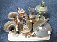 A tray of copper ware, kettles,