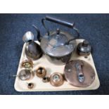 A tray of 19th century copper ware, teapot, measuring jug,