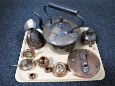 A tray of 19th century copper ware, teapot, measuring jug,