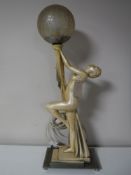 An Art Deco chalk table lamp - female nude on metal base