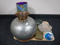 A tray of two antique glass bottles, studio glass ash tray, paperweight, 1914 Christmas tin,