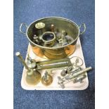 A tray of assorted brass ware : thermometer, canon, twin handled pot, planter,