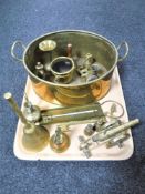 A tray of assorted brass ware : thermometer, canon, twin handled pot, planter,