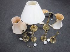 Five brass table lamps with shades together with a brass shaving mirror