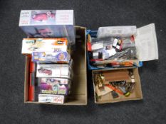 Three boxes of assorted plastic modelling kits, model cannons and parts,