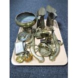 A tray of assorted brass ware, ornamental pistols, miniature gong and beater,
