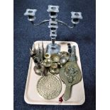A tray of brass ware : bellows, horse brass, candle holders,