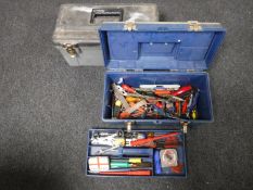 Two plastic tools boxes of hand tools and a holdall