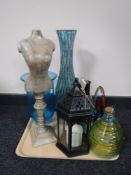 A tray of contemporary vases, hurricane lamp,
