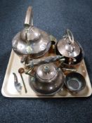 A tray of antique copper ware, three kettles, small jug,