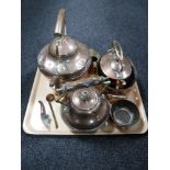 A tray of antique copper ware, three kettles, small jug,