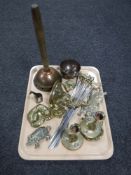 A tray of brass, good brass figures, Arts and Crafts style candlesticks,