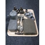 A tray of vintage flask, round head pewter teapot, pair of pewter salts,