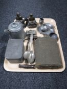 A tray of vintage flask, round head pewter teapot, pair of pewter salts,