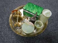 An Indian brass tray together with malachite style box, miniature grinder,