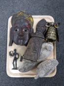 A tray of carved African mask, old wooden duck decoys,