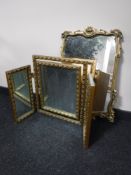 A gilt triple dressing table mirror, gilt framed wall mirror,
