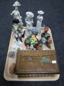 A tray containing continental figurines, bird figures,