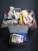 A box of mid 20th century and later toys including Lego, dolls in clothes,