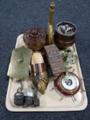 A tray of Salter's spring balance scale, wooden box and ashtray, copper and wood clog,