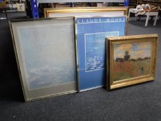 Five framed Monet prints together with two framed black and white photographs