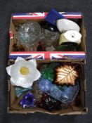 Two boxes of assorted glass ware including trinket sets, flower bowls,