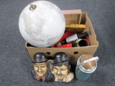 A box of globe on stand, pottery jug, brass ware,