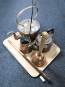 A tray of antique copper ware, two kettles, thermometer,