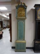 An early 20th century painted long case clock with brass dial,