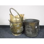 Two brass lion mask coal buckets and one other