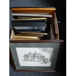 A large collection of framed pictures and prints; black and white and coloured etchings,
