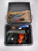 A plastic crate and a pine tool box containing assorted joinery tools,