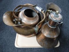 A tray of assorted copper ware, kettle (no lid), porcelain handled coal bucket,
