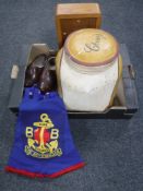 A box of French style storage jar, boy's brigade banner, wooden clogs,
