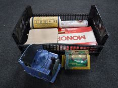 A tray of vintage Monopoly with metal figures, china Thomas the Tank Engine,