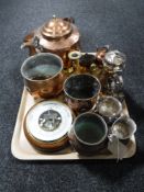 A tray of three piece silver plated tea service, barometer, antique copper ware,